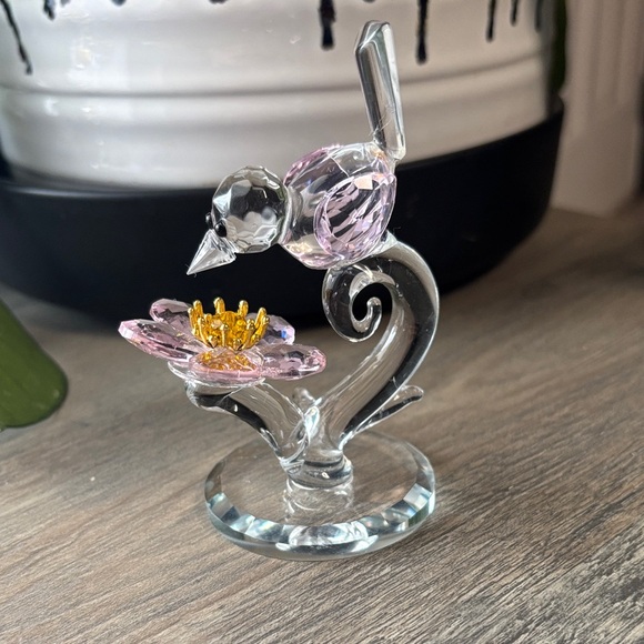 Source Unknown Other - Source Unknown Pink and Clear Crystal Bird on Flower Figurine